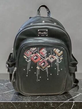 Miss Me Heather Ikat Embroidered Sequin Studded Black Faux Leather Backpack